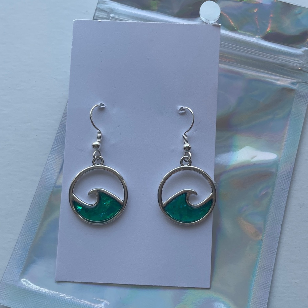 Wave earrings handmade, aqua - silver drop dangle, fish hook